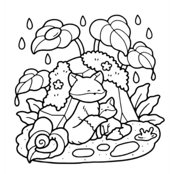 Cartoon style fox mother and baby in rainy natural scene, surrounded by big flowers — free printable rainy season coloring book page