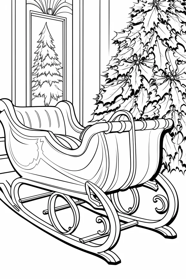 Christmas sleigh as main subject, with christmas tree and holly branches in the background — free printable scenes coloring book page