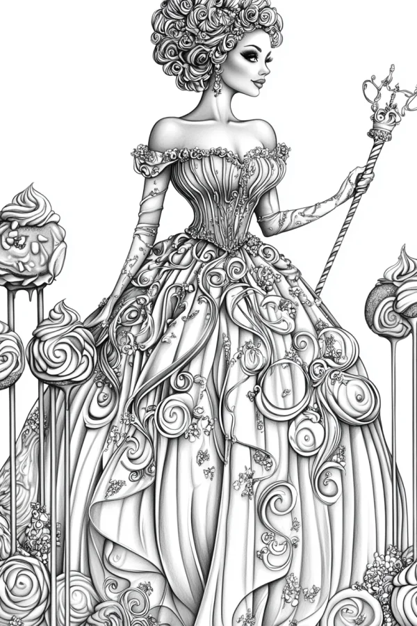 Elegant royal princess in elaborate rococo ball gown, holding an ornate scepter — free printable court coloring book page