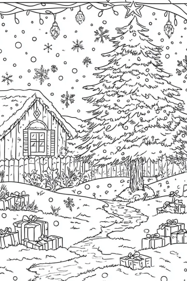 Christmas snowy cabin scene, realistic line art style — free printable festivals coloring book page