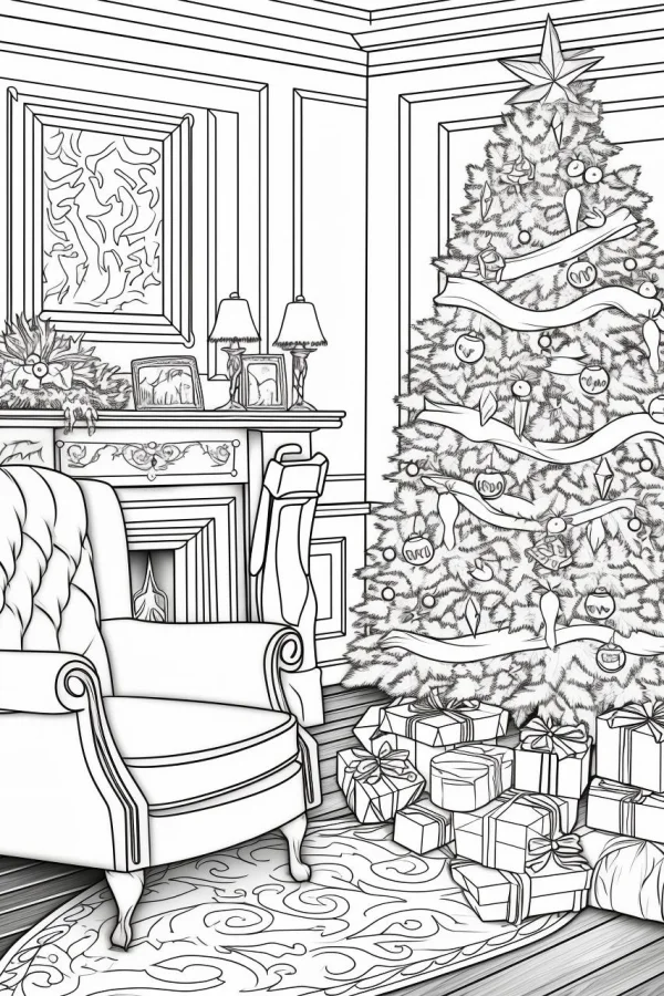 Cozy christmas home scene with decorated christmas tree and gift boxes, realistic illustration style — free printable family life coloring book page