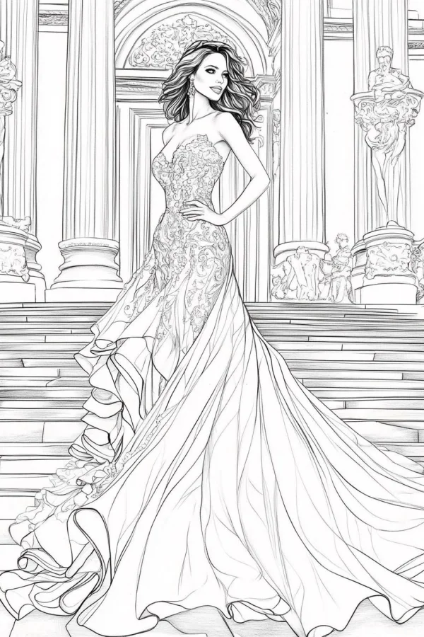Coloring book page, elegant woman in strapless ball gown — free printable court coloring book page