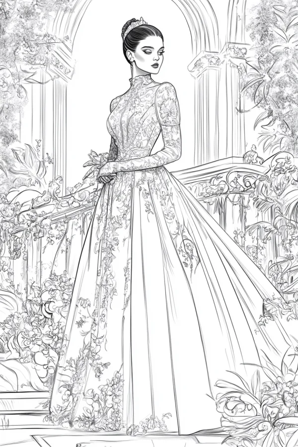 Elegant palace woman in ornate ball gown, european palace style — free printable court coloring book page