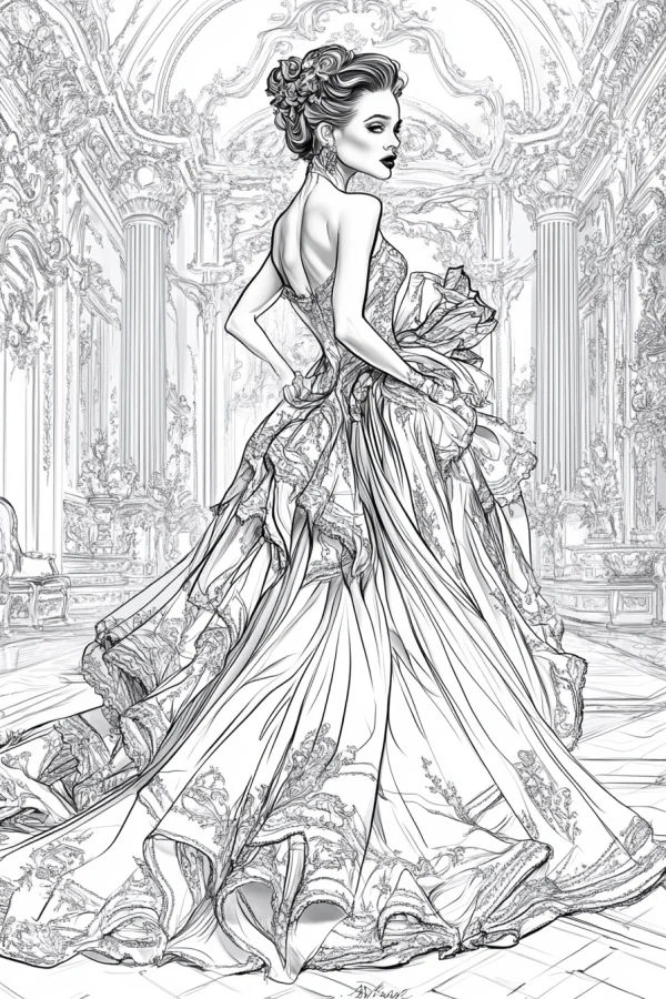 Elegant woman in luxurious rococo ball gown, standing in a grand royal palace with columns and intricate carvings — free printable court coloring book page