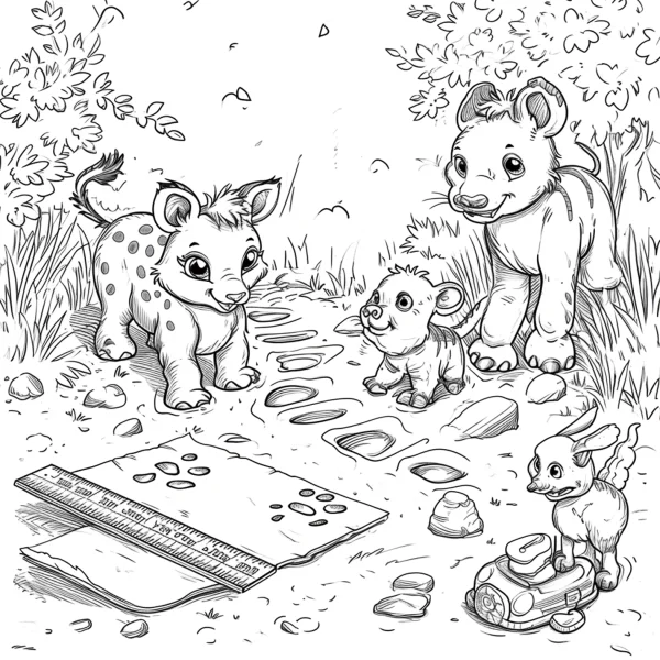 Cute cartoon baby hyenas and small bird playing outdoors, with map — free printable outdoor play coloring book page