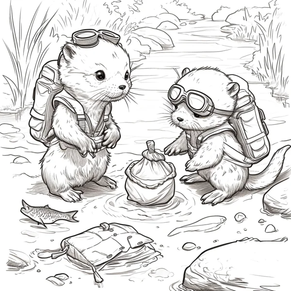 Two cute otters with goggles and backpacks camping by a river, cartoon style — free printable outdoor adventure coloring book page