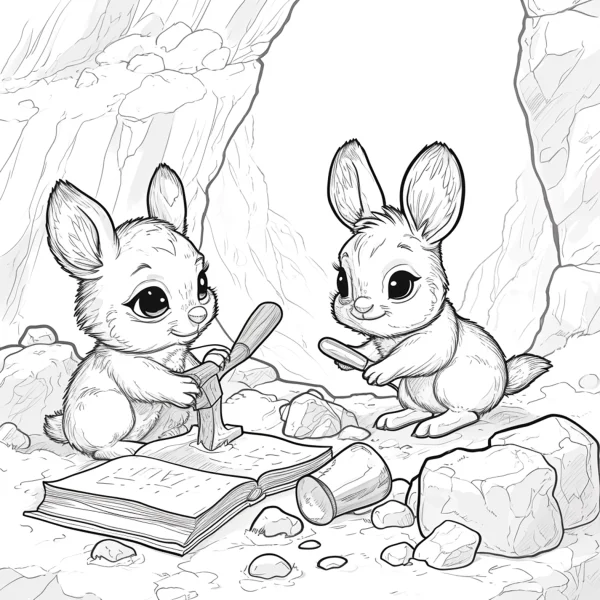 Two cute rabbits playing with tools in a rocky cave, cartoon style — free printable diy coloring book page