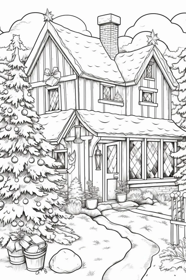 Christmas snowy cabin, cartoon illustration style — free printable houses coloring book page