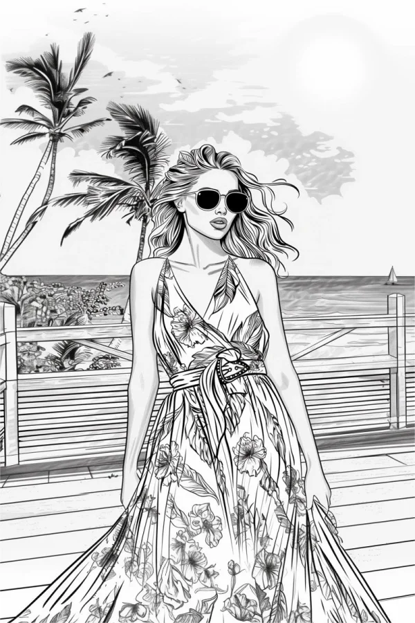 Vacation girl with sunglasses in floral dress, western illustration style — free printable tropical plants coloring book page