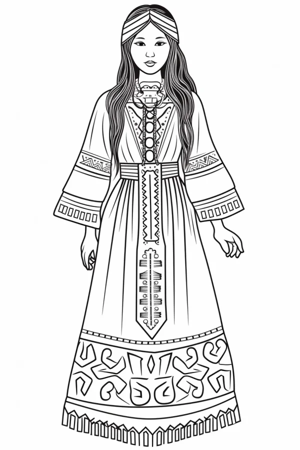 Long-haired girl in traditional ethnic dress, tribal folk style — free printable ethnic culture coloring book page