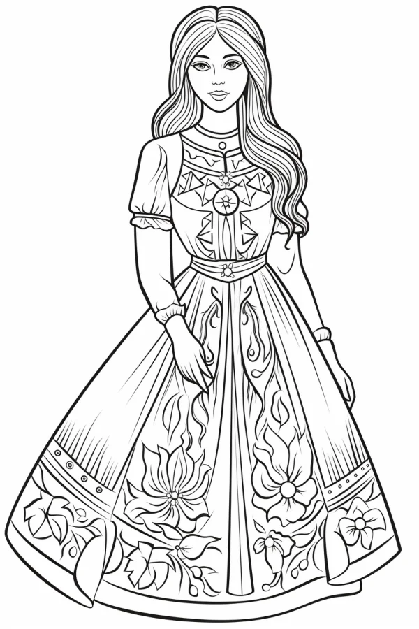 Ethnic costume girl with long wavy hair, ethnic folk style — free printable folk culture coloring book page