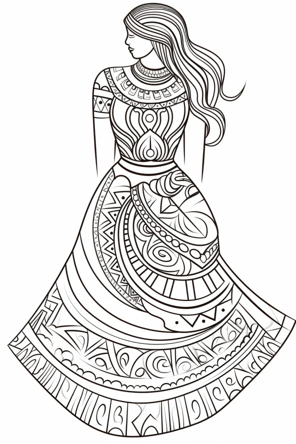Long-haired woman in dress with ethnic patterns, folk art style — free printable cultural theme coloring book page