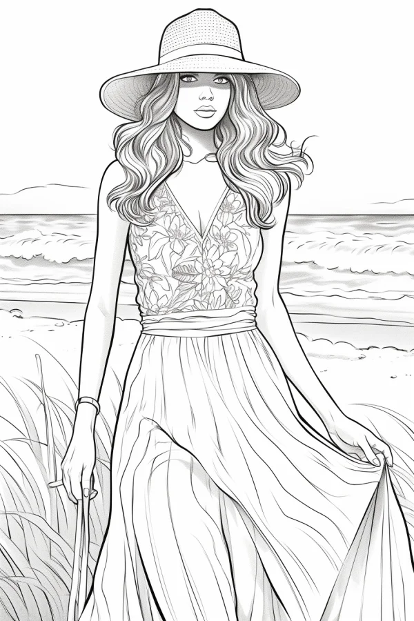 Beach girl in maxi dress with wide-brimmed hat, realistic line art style — free printable leisure vacation coloring book page