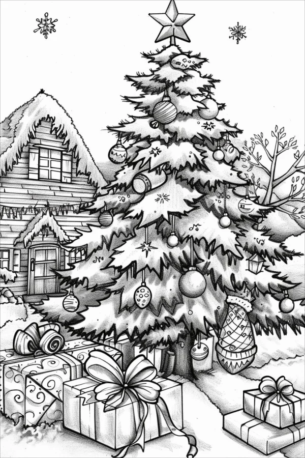 Christmas tree with ornaments and gifts, snow-covered rural cottage in winter scene — free printable family life coloring book page