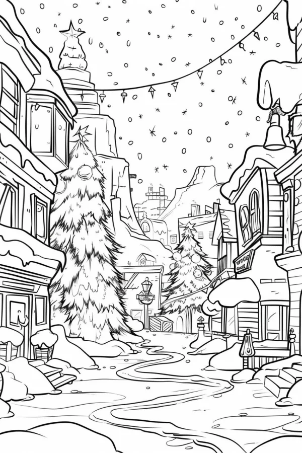 Christmas snowy town street, cartoon style — free printable town life coloring book page