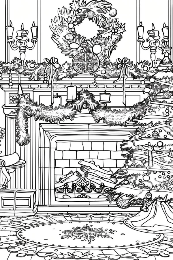 Christmas home fireplace scene with festive wreath and christmas tree, realistic illustration style — free printable home scene coloring book page