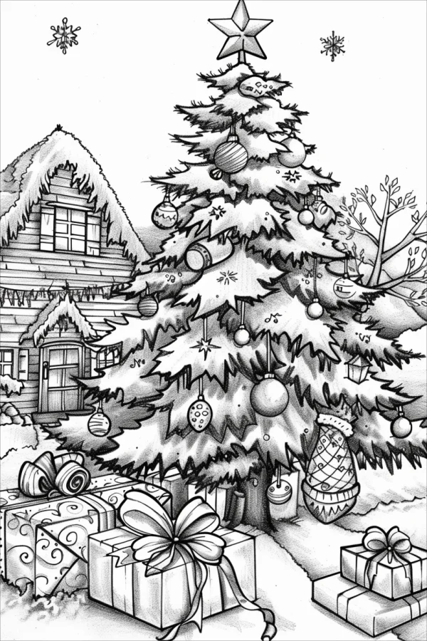 Decorated christmas tree with gift boxes and a cozy snowy cottage, cartoon style — free printable family life coloring book page