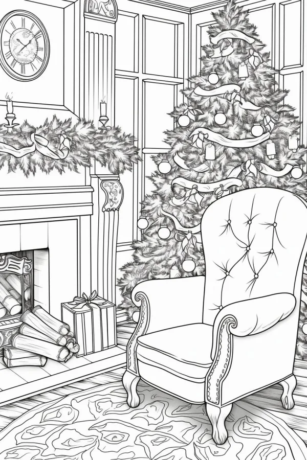 Cozy christmas living room scene with decorated christmas tree, tufted armchair — free printable home scene coloring book page