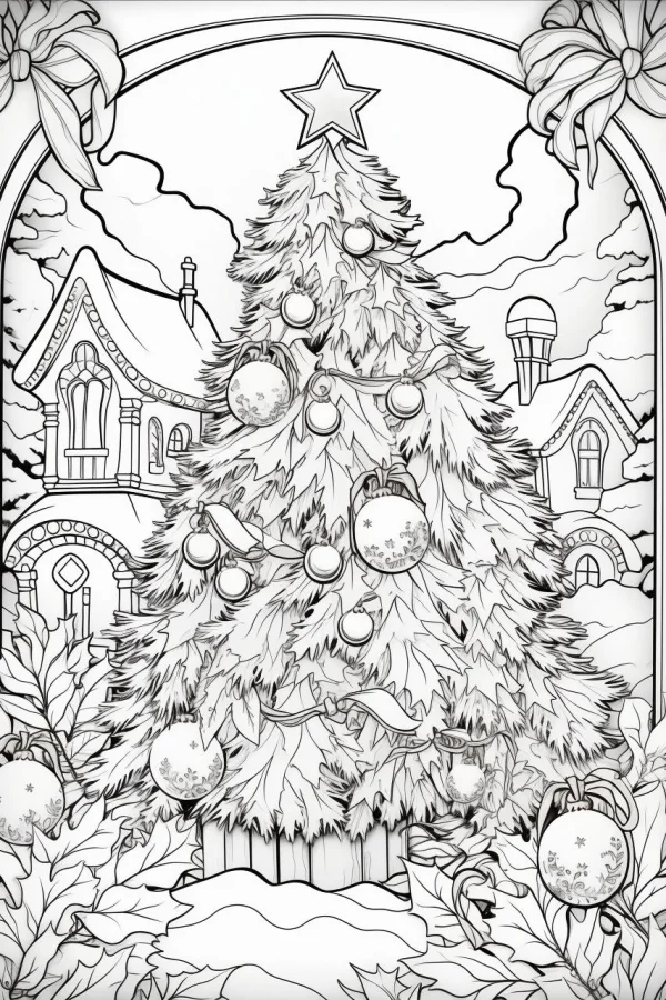 Decorated christmas tree with winter cottages, cartoon illustration style — free printable festivals coloring book page