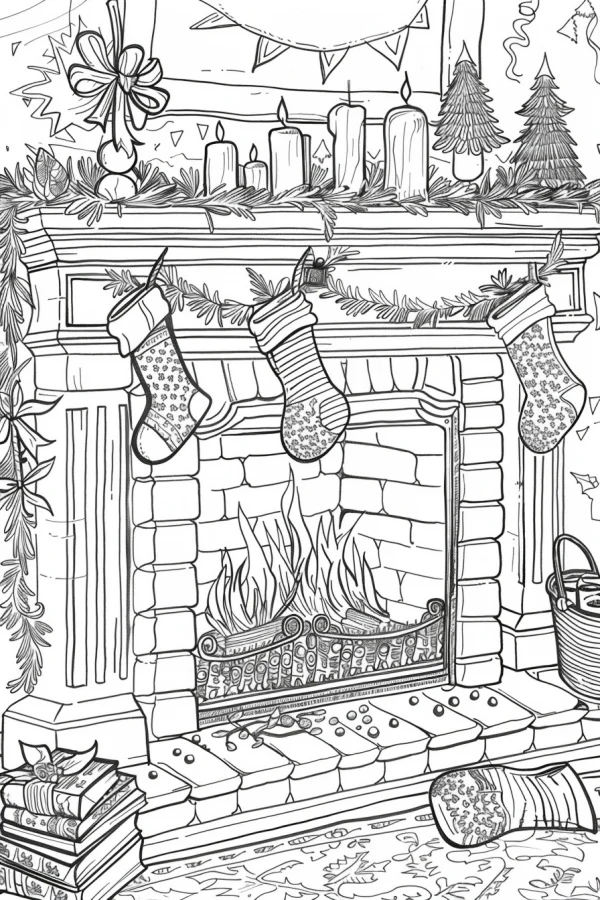 Christmas themed fireplace scene with hanging stockings, stacked presents — free coloring book page