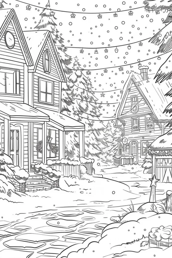 Cozy christmas village cottages covered in snow, cartoon style — free printable snow scene coloring book page