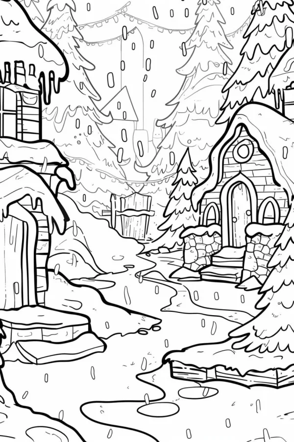 Snow-covered small village in winter, cartoon fairy tale style — free printable snow scene coloring book page