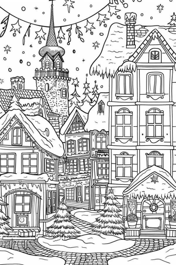 Christmas town snow scene, cartoon style — free printable snow scene coloring book page