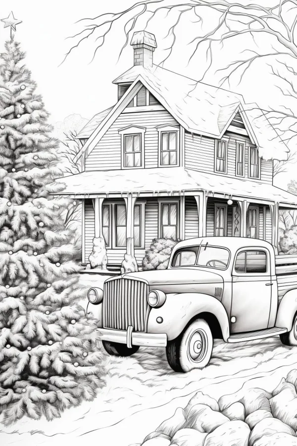 Christmas winter countryside cottage with vintage pickup truck, realistic line art style — free printable family life coloring book page