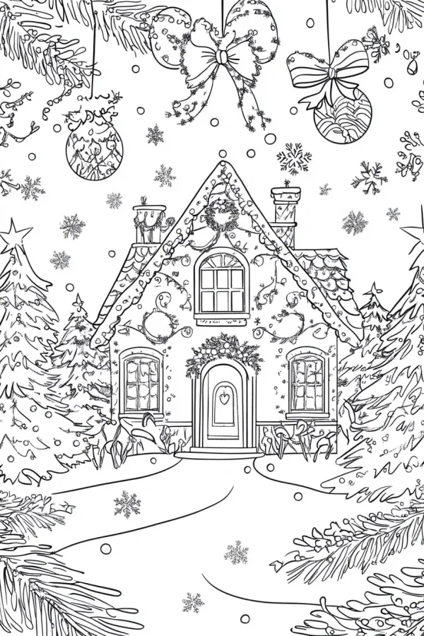 Christmas cottage, cartoon style — free printable houses coloring book page