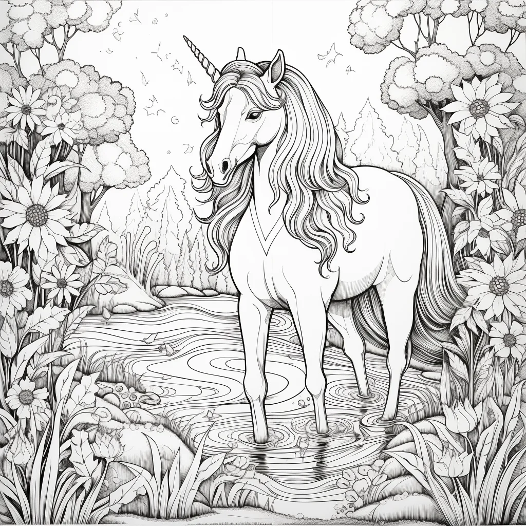 Unicorn standing in forest stream, fantasy cartoon style | HiColorist