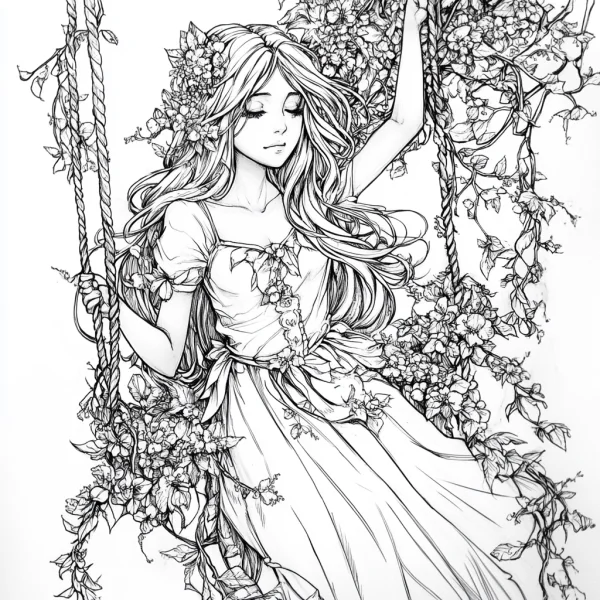 Long-haired girl on flower vine swing, fairy tale cartoon style — free printable fairy coloring book page