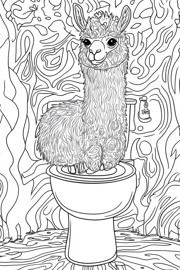 Alpaca standing on a toilet, cartoon style — free printable fun life coloring book page