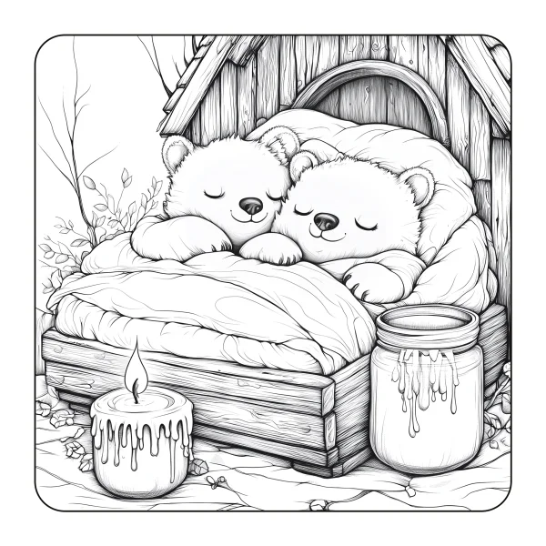 Two sleeping baby bears cuddling in a wooden bed inside a small cabin, cartoon style — free printable cozy daily life coloring book page