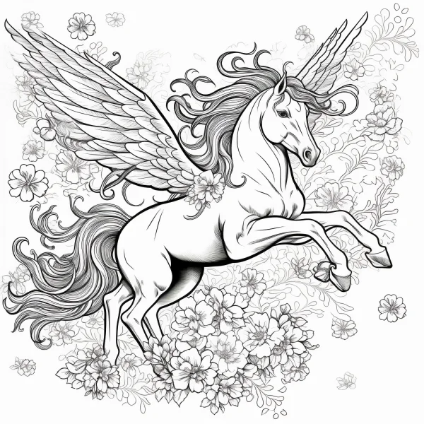 Winged unicorn, fantasy illustration style — free printable unicorn coloring book page