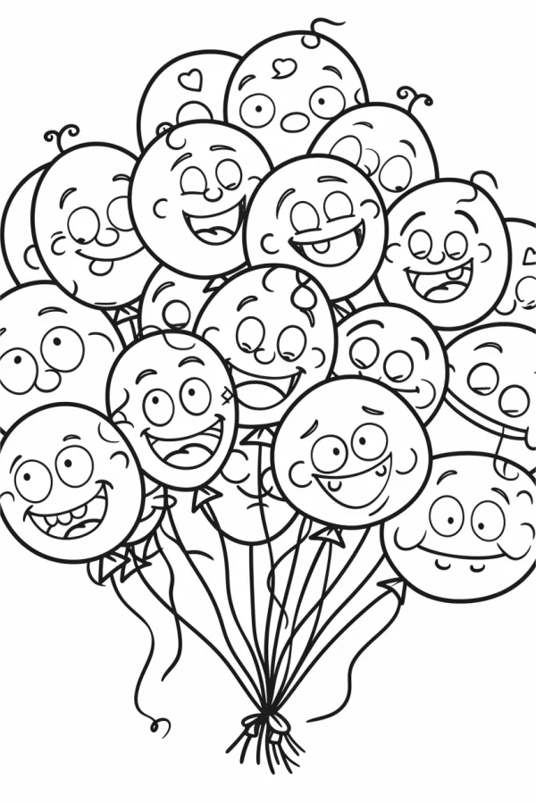 Bunch of cute cartoon face balloons, cartoon style — free printable childlike coloring book page