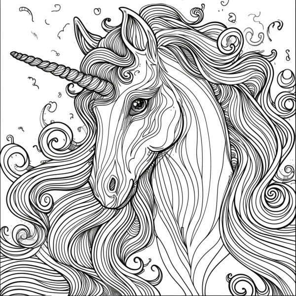Curly-haired unicorn head, fantasy style — free coloring book page