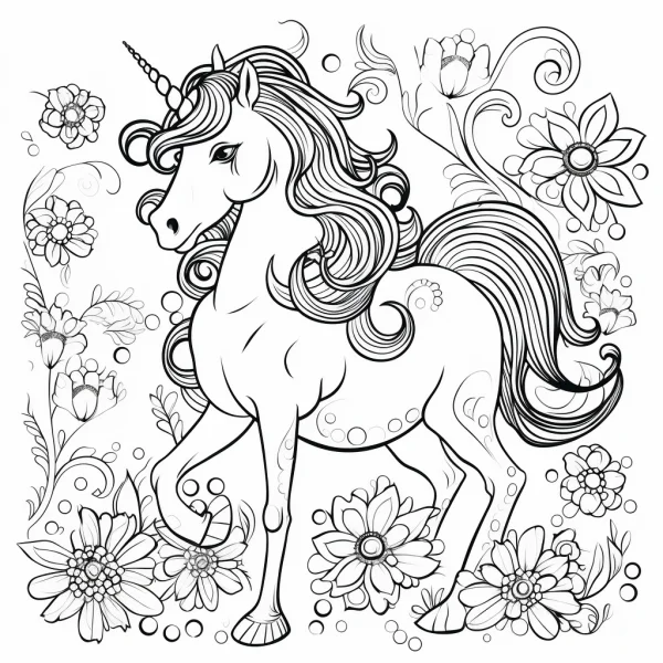 Fantasy unicorn surrounded by floral vines and various flowers, fairy tale style — free printable unicorn coloring book page