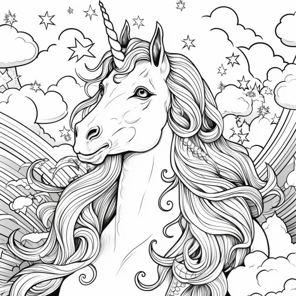 Magnificent unicorn with long curly mane, cartoon fantasy style — free printable sky coloring book page