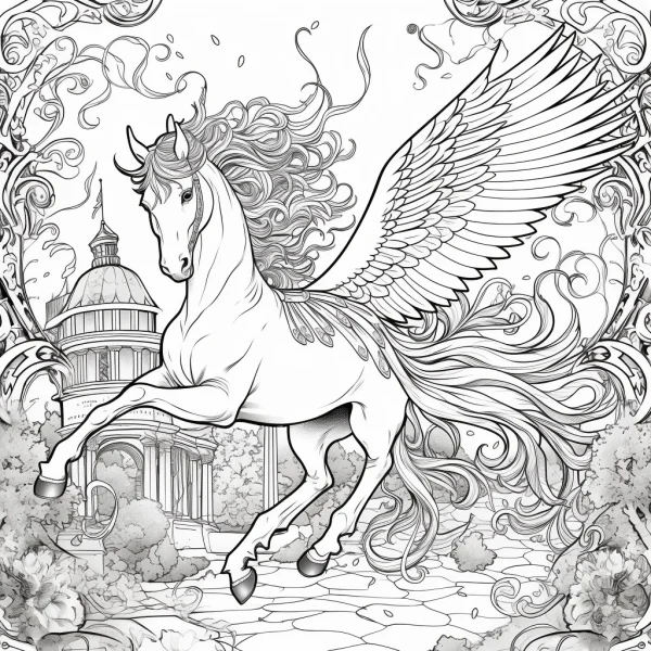 Winged pegasus, art nouveau and fantasy illustration style — free printable scenery coloring book page
