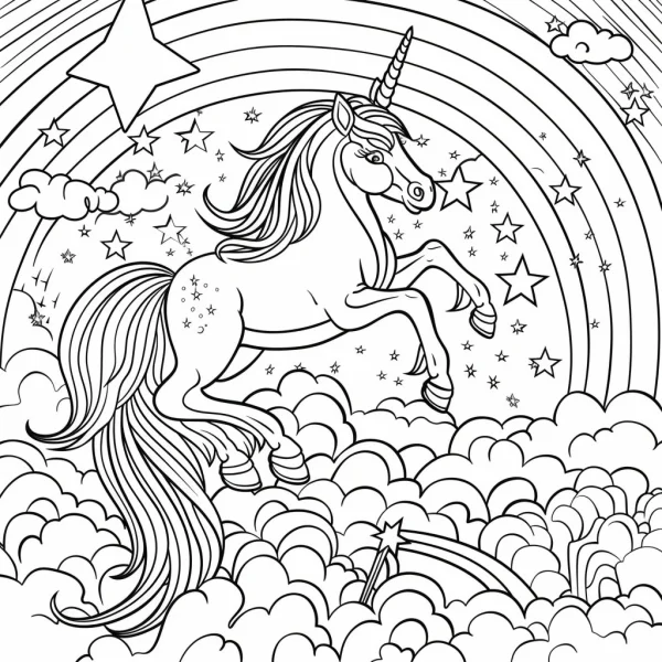 Fantasy unicorn standing on fluffy clouds, cartoon fantasy style — free coloring book page