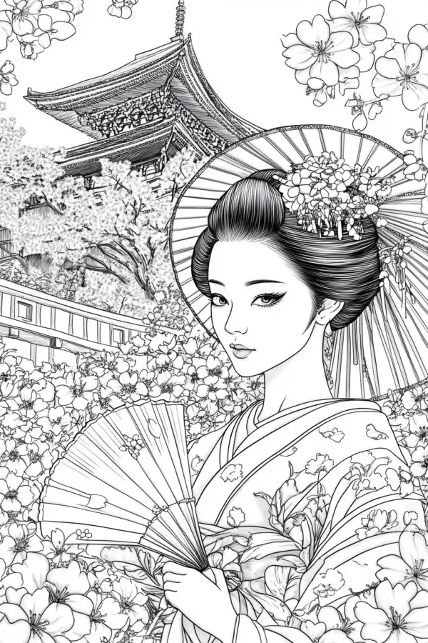Japanese kimono girl holding a folding fan, surrounded by cherry blossoms and traditional multi-story pagoda — free printable classical architecture coloring book page