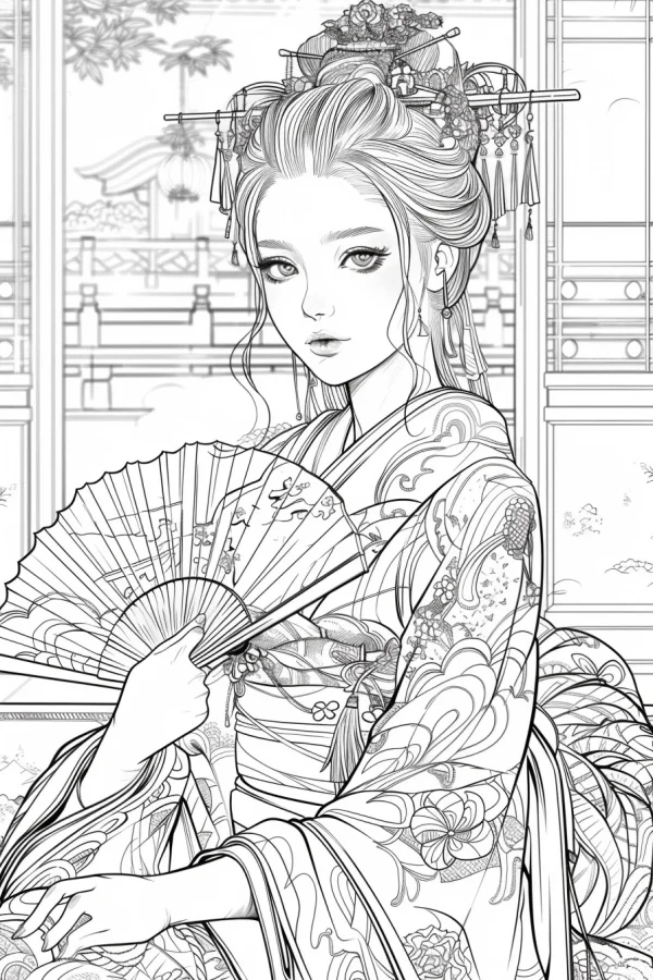Japanese kimono girl holding a folding fan, anime line art style — free printable traditional culture coloring book page