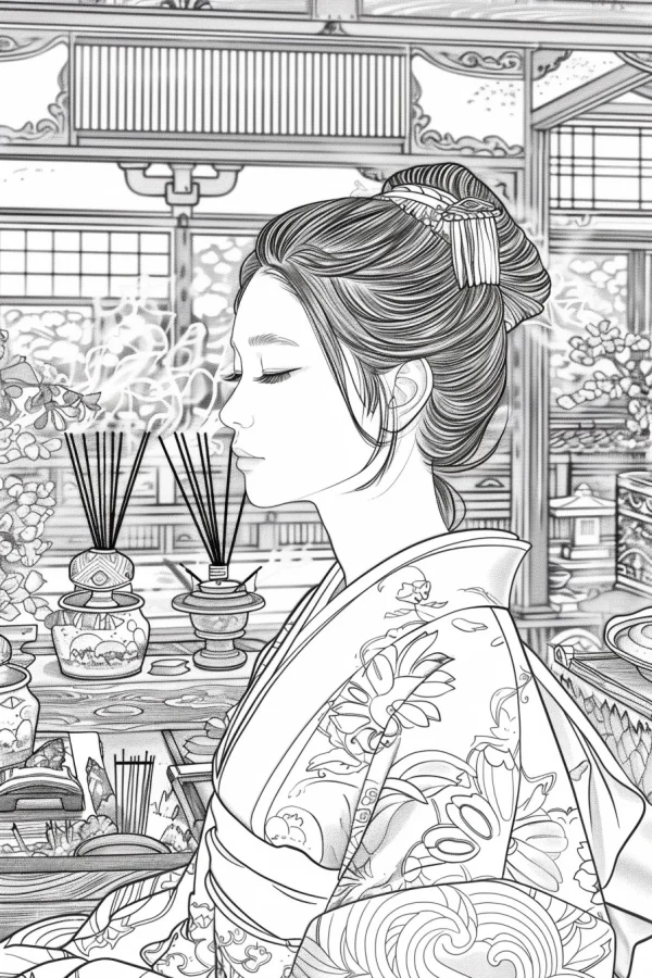 Japanese woman in traditional kimono, japanese indoor scene with incense burners and potted plants — free printable traditional culture coloring book page