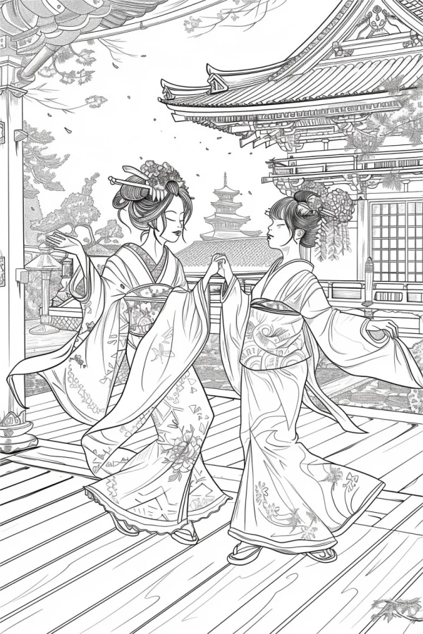 Two women in traditional japanese kimonos dancing on wooden platform, japanese style — free printable dance coloring book page