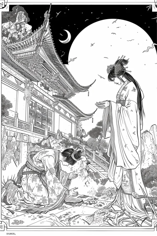 Ancient chinese figures in traditional hanfu, chinese-style ancient architecture under moonlit night with crescent and full moon — free printable ancient scene coloring book page