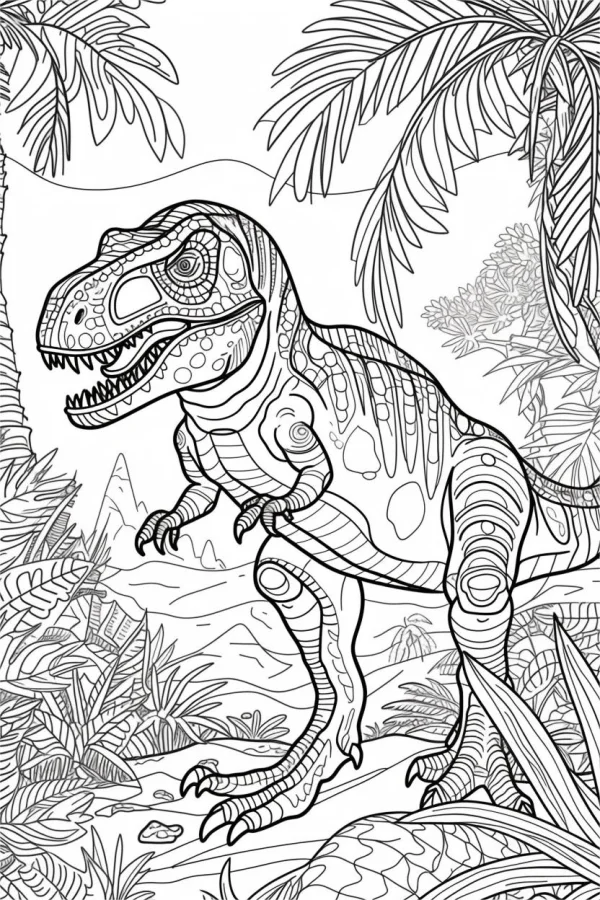 Zentangle-style tyrannosaurus rex in prehistoric jungle, surrounded by palm trees — free printable jungle coloring book page