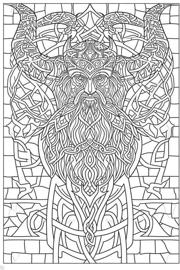 Celtic-style bearded horned deity, celtic knotwork style — free printable celtic culture coloring book page