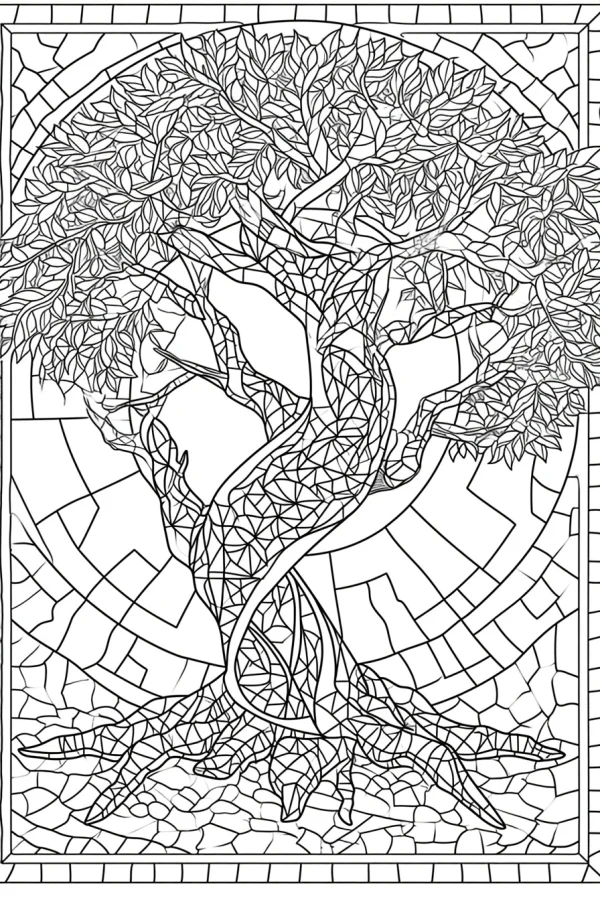Mandala-style tree of life, intricate geometric mosaic patterns with detailed leaves and roots — free printable zen coloring book page