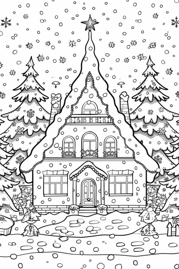 Christmas snow scene cottage, cartoon style — free printable houses coloring book page