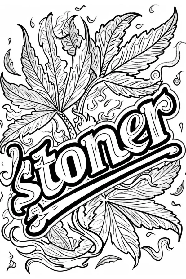 Decorative 'stoner' lettering surrounded by cannabis leaves, street art style — free printable cannabis culture coloring book page